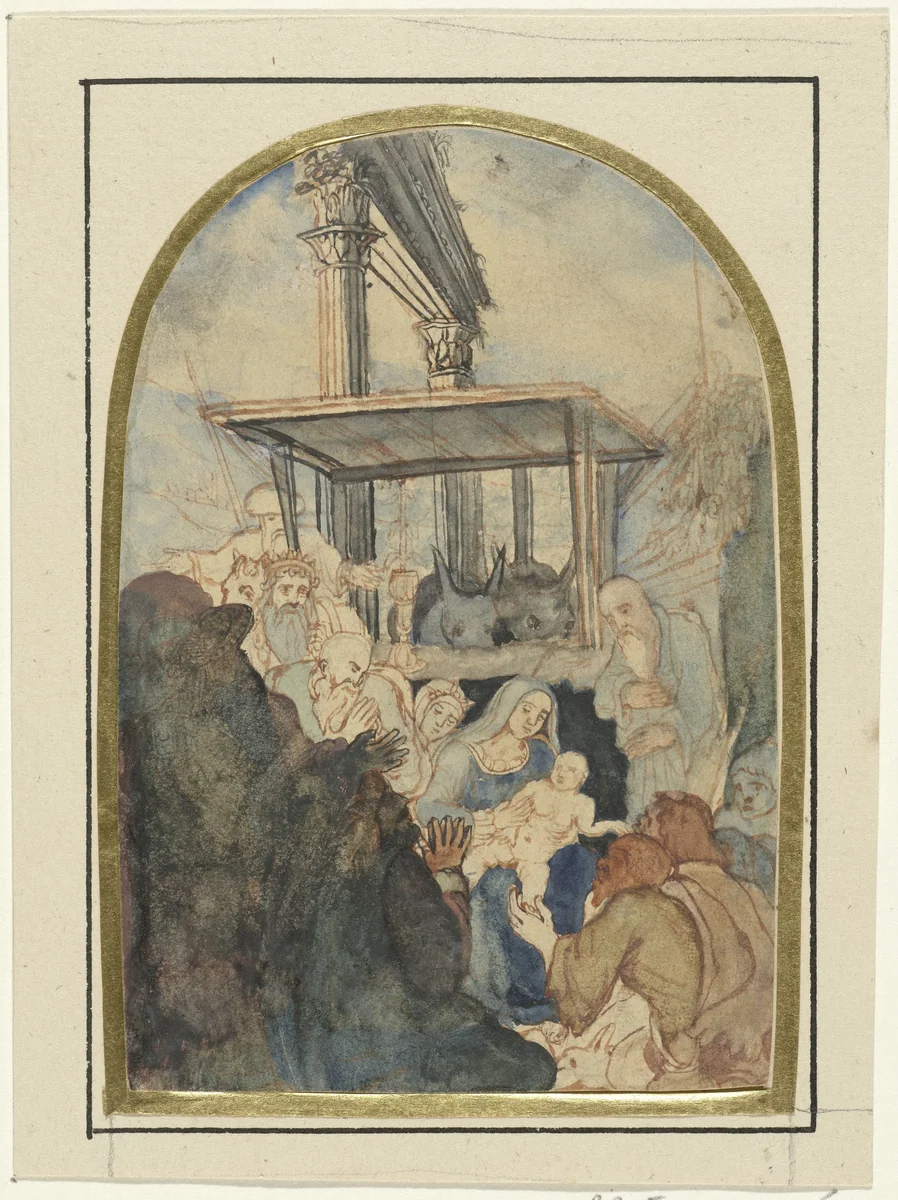 Studie voor een aanbidding der koningen, op de achtergrond een ruïne met twee Corinthische zuilen by Rodolphe Bresdin, drawing, 1832-1885