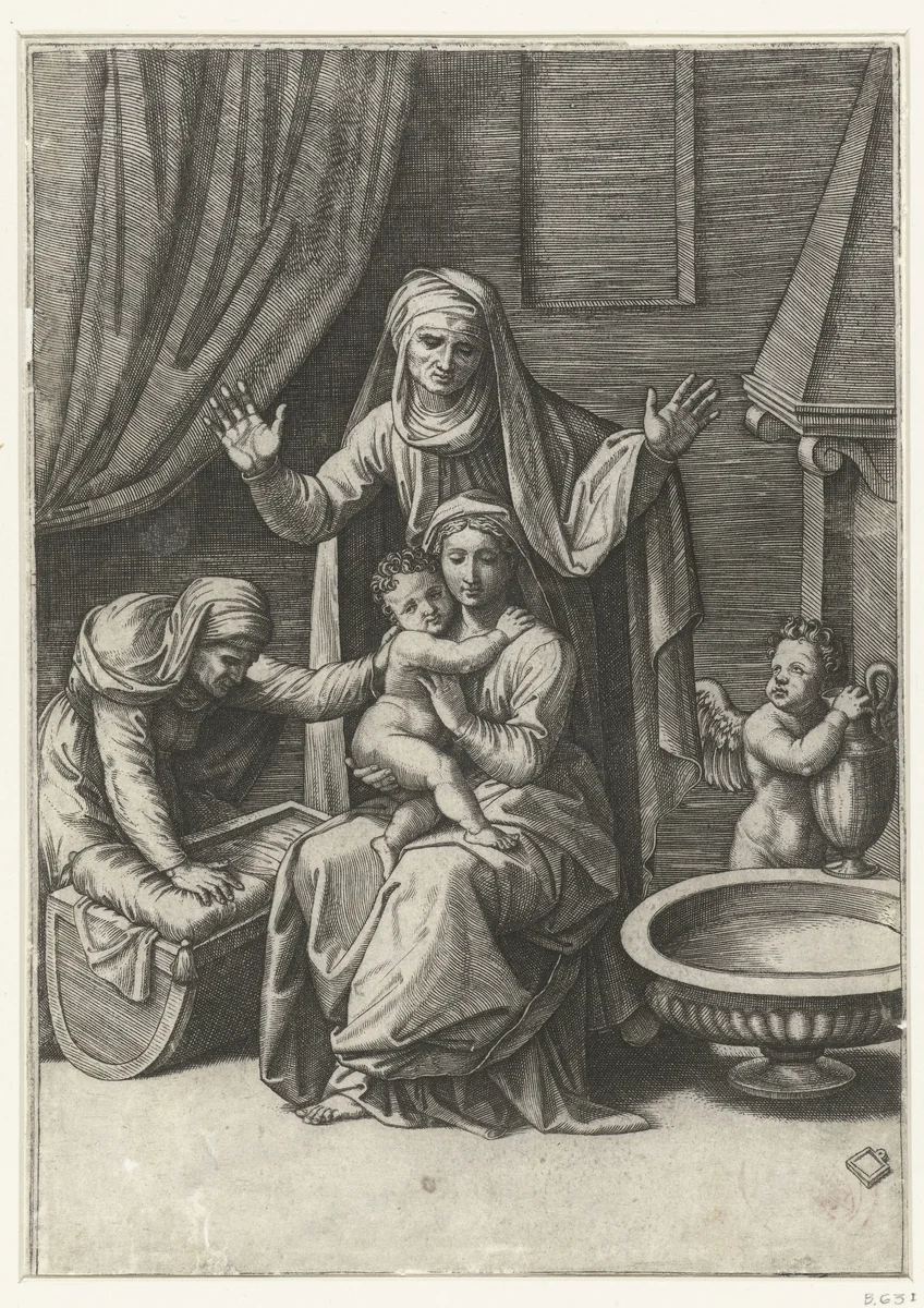 Maria met kind en heiligen Anna en Elisabet bij wieg en engel met waterkan bij schaal met water by Unknown, print, 1518-1522