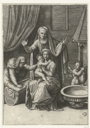 Maria met kind en heiligen Anna en Elisabet bij wieg en engel met waterkan bij schaal met water by Unknown, print, 1518-1522