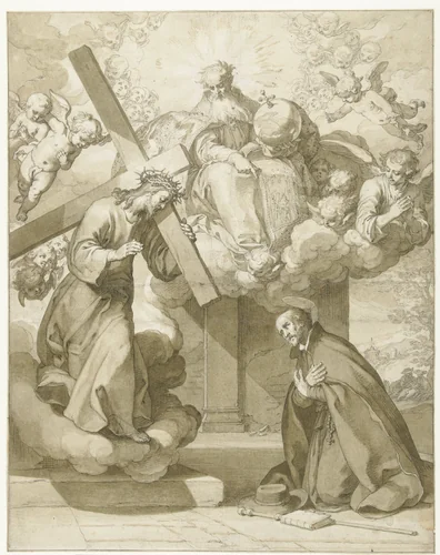 Christus met kruis verschijnt aan Ignatius van Loyola by Abraham Bloemaert, drawing, 1645-1651