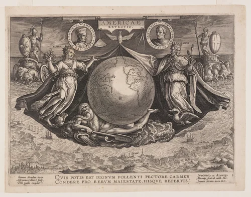 Frontispiece, from Americae Retectio (The Discovery of America) by Adriaen Collaert, print, 1584-1594