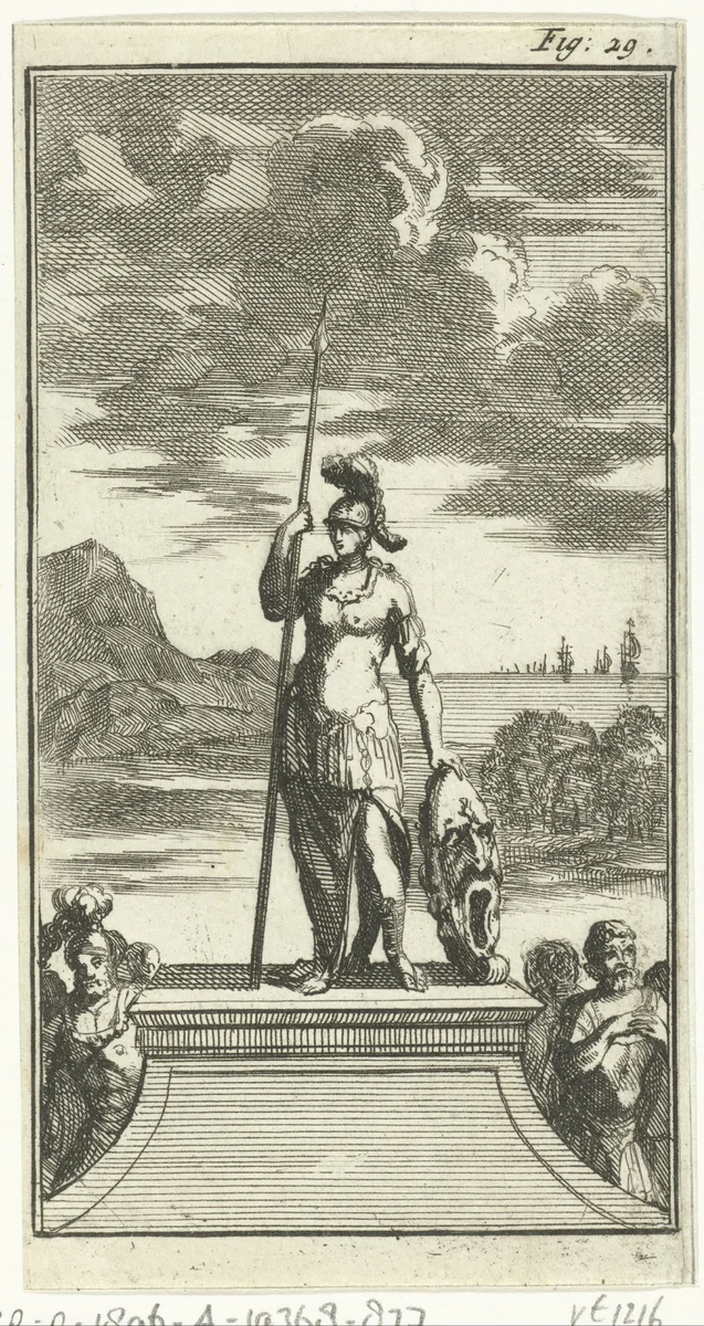 Gewapende amazone steunend op een groot masker by Jan Luyken, print, 1691