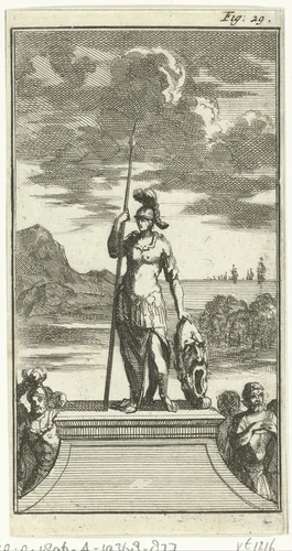 Gewapende amazone steunend op een groot masker by Jan Luyken, print, 1691