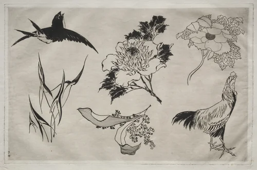 Dinner Service (Rousseau service): Swallow, Rooster and Flowers (no. 8) by Félix Bracquemond, print, 1866