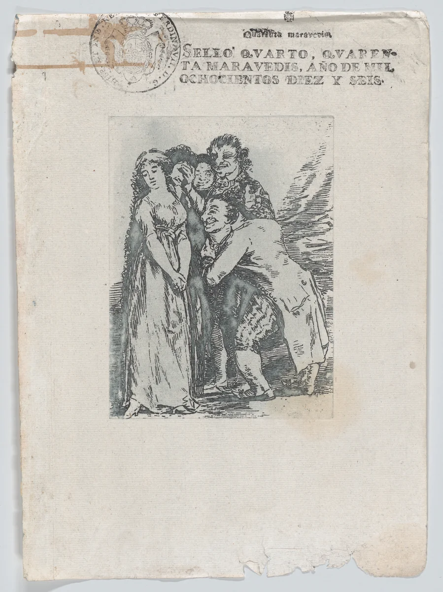 Reproduction in reverse of Goya's Sueño drawing that was preparatory for Plate 14 from Los Caprichos, 'What a sacrifice', a young woman surrounded by a group of men, which includes her fiancé, a rich hunchback by Goya, print, 1825-1835