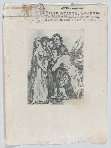 Reproduction in reverse of Goya's Sueño drawing that was preparatory for Plate 14 from Los Caprichos, 'What a sacrifice', a young woman surrounded by a group of men, which includes her fiancé, a rich hunchback by Goya, print, 1825-1835