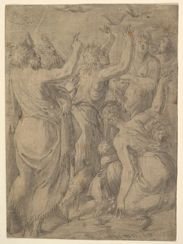 Moses showing the quails to the Israelites (the miracle of the quails and manna) by Andrea Schiavone, print, 1540-1550