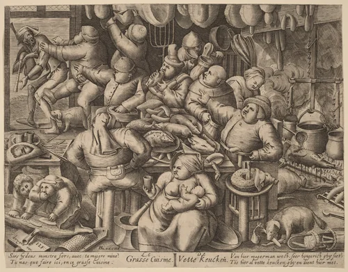 The Fat Kitchen by Pieter van der Heyden, print, 1597-1650