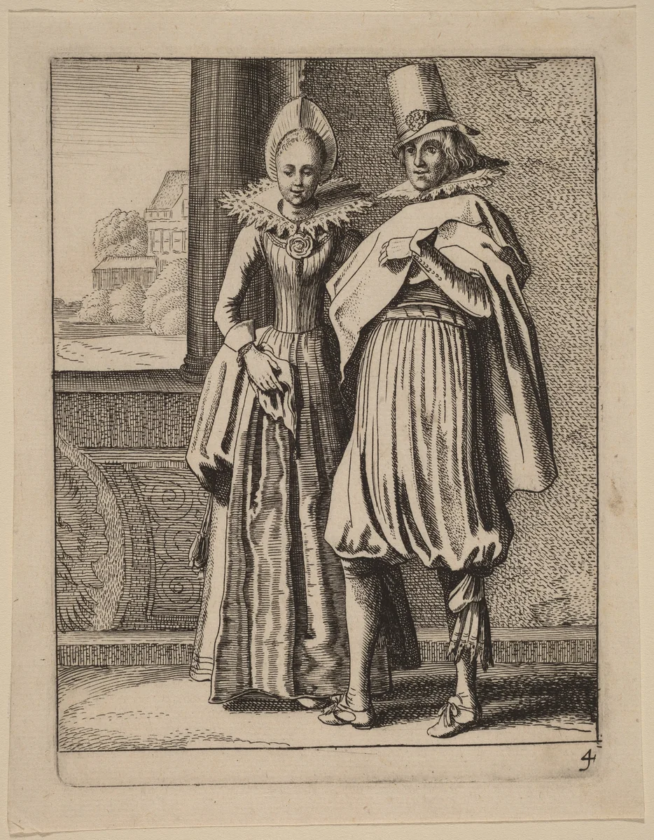 Two Figures in Costume by Jan van de Velde Claes Jansz Visscher, print, 1593-1641