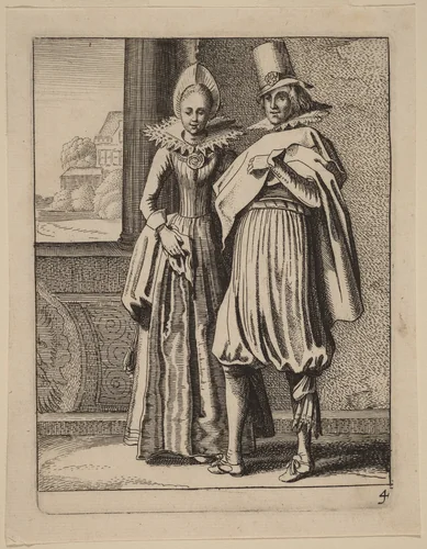 Two Figures in Costume by Jan van de Velde Claes Jansz Visscher, print, 1593-1641