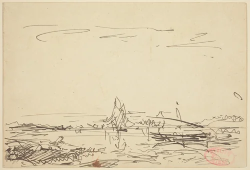 A Cove with a Sailboat by Félix Ziem, drawing, 1821-1911