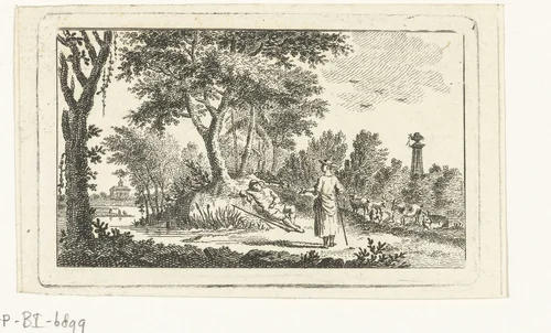 Landschap met herder en herderin by Abraham Delfos, print, 1741-1820