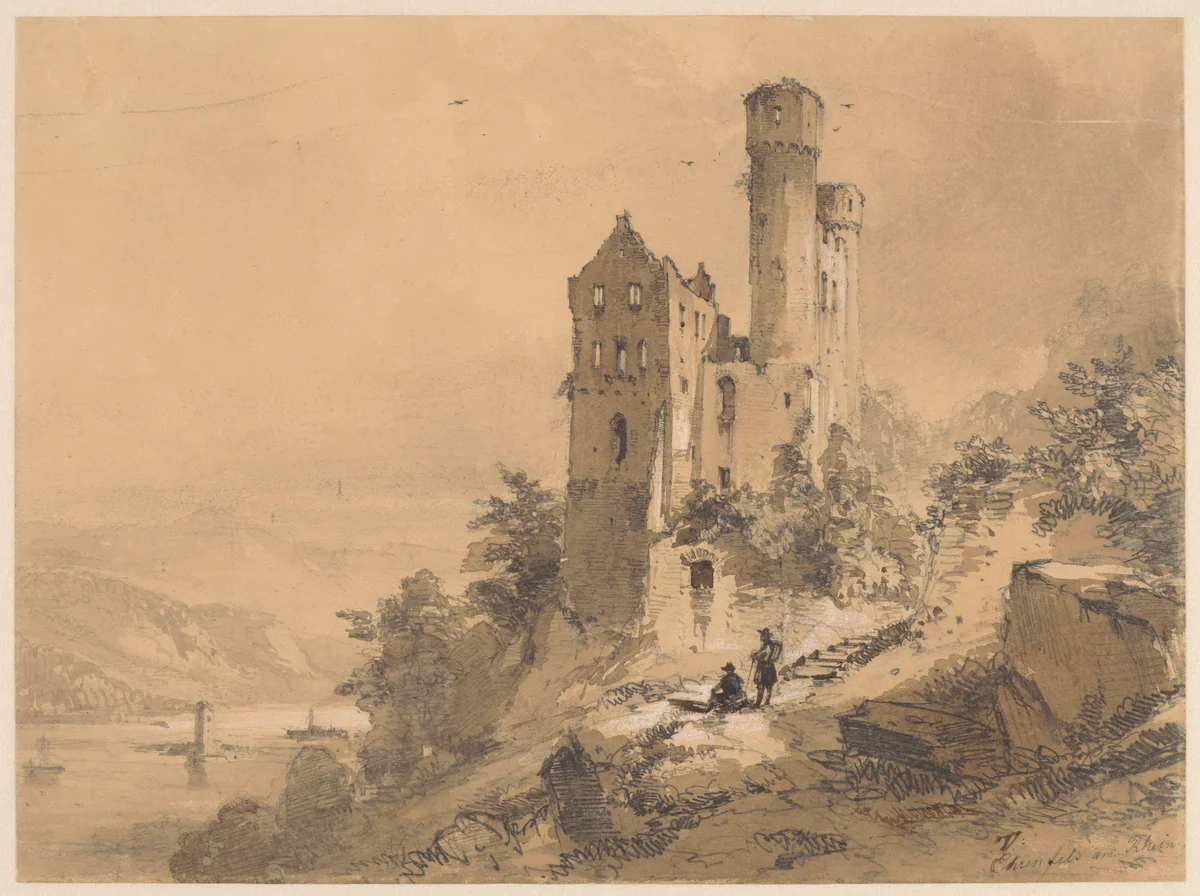 Wandelaars bij de ruïne Ehrenfels aan de Rijn by Theodor Verhas, drawing, 1821-1872