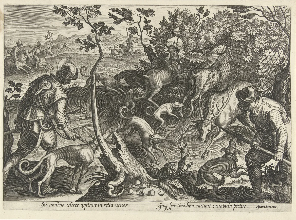 Hertenjacht met vallen by Philips Galle, print, 1578
