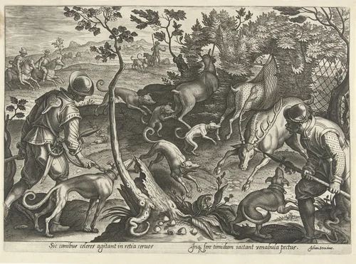 Hertenjacht met vallen by Philips Galle, print, 1578