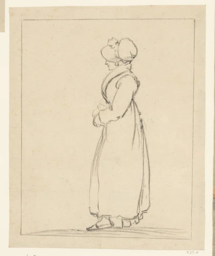 Staande vrouw met lange jas en muts by anonymous, drawing, 1800-1849