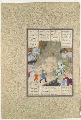 "The Final Joust of the Rooks: Gudarz Versus Piran", Folio 346r from the Shahnama (Book of Kings) of Shah Tahmasp by Abu'l Qasim Firdausi, manuscript, 1500-1555