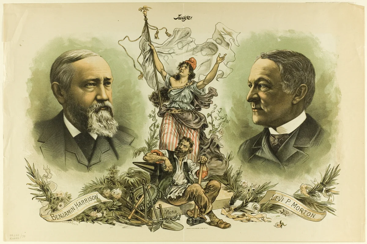 Victory Portraits of Benjamin Harrison and Levi P. Morton, from Judge by Unknown Artist, print, 1888