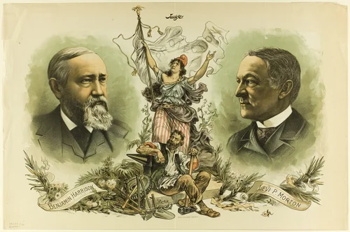 Victory Portraits of Benjamin Harrison and Levi P. Morton, from Judge by Unknown Artist, print, 1888