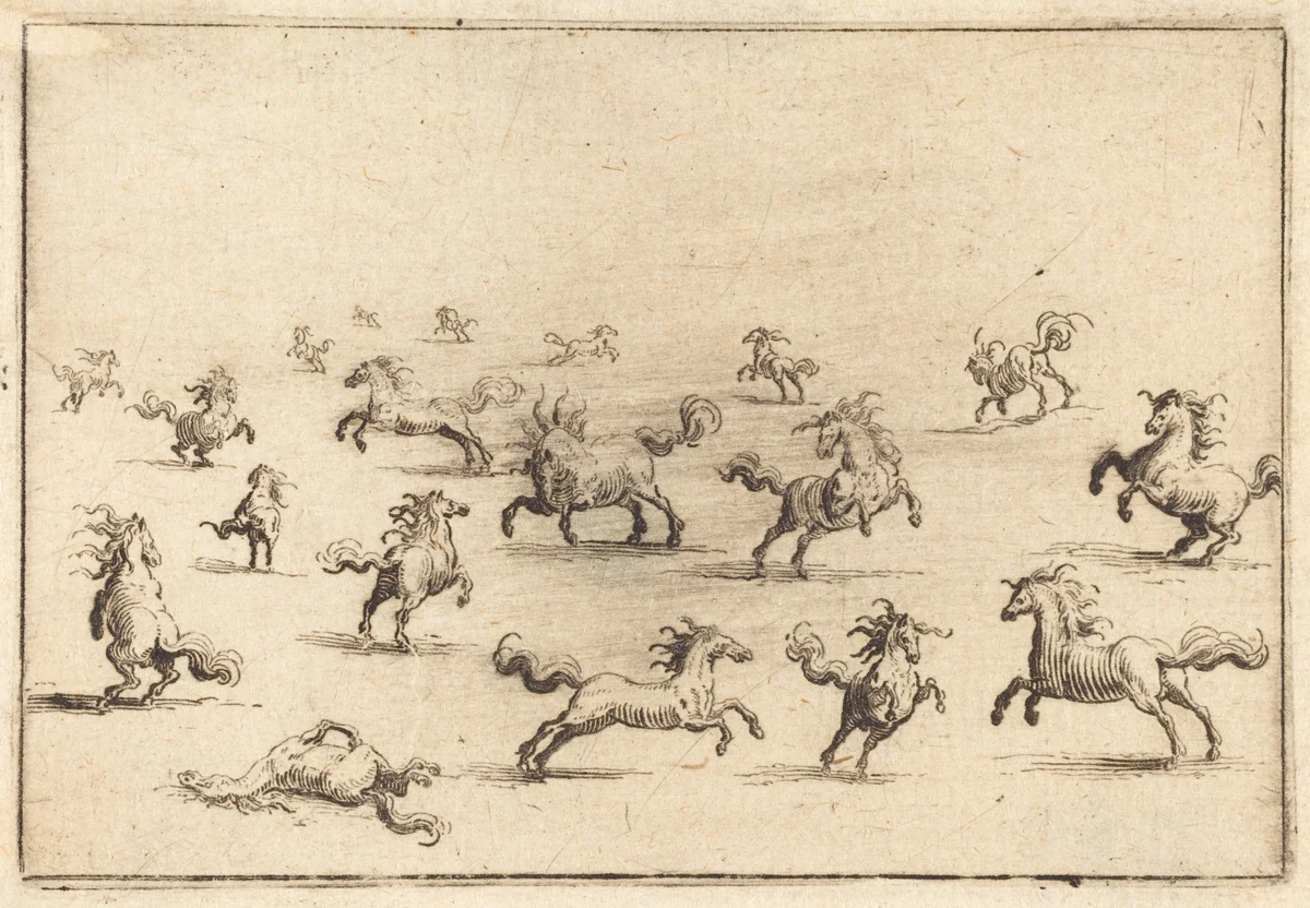 Horses Running by Jacques Callot, print, 1622
