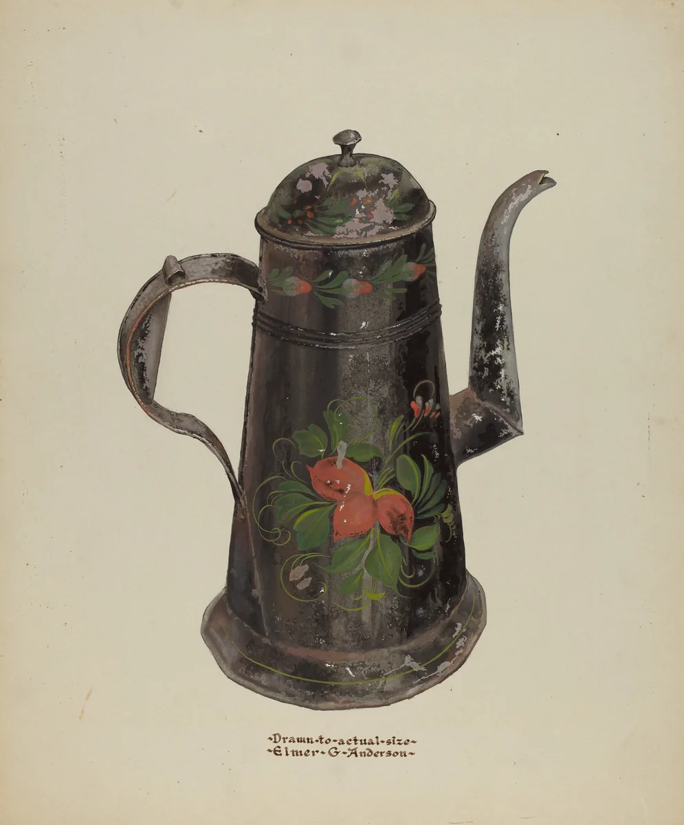 Toleware Tin Coffee Pot by Elmer G. Anderson, index of american design, 1937