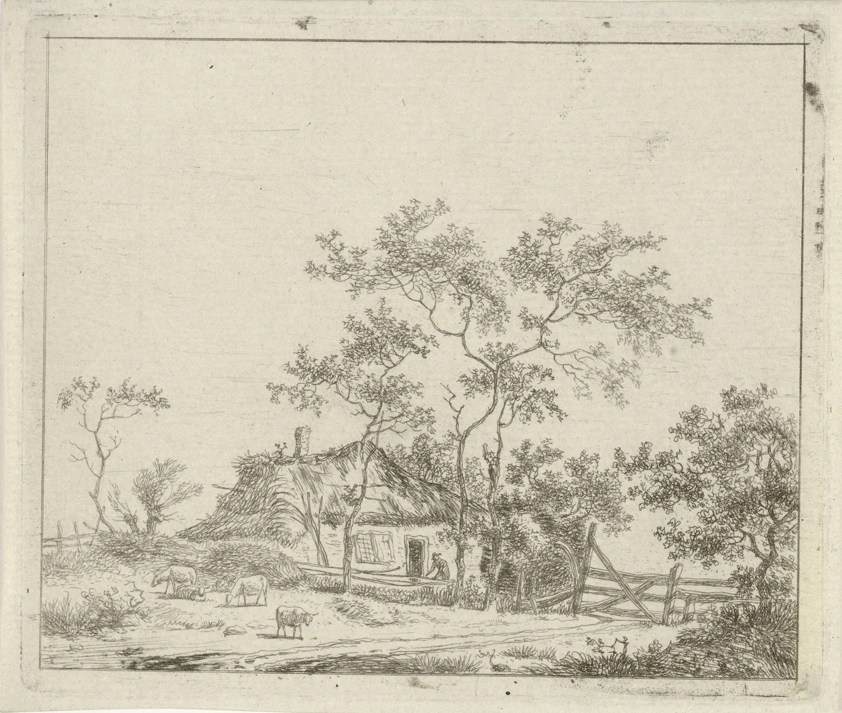 Boerderij met vier schapen by Hermanus Fock, print, 1781-1822