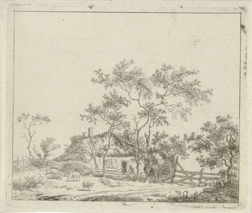 Boerderij met vier schapen by Hermanus Fock, print, 1781-1822
