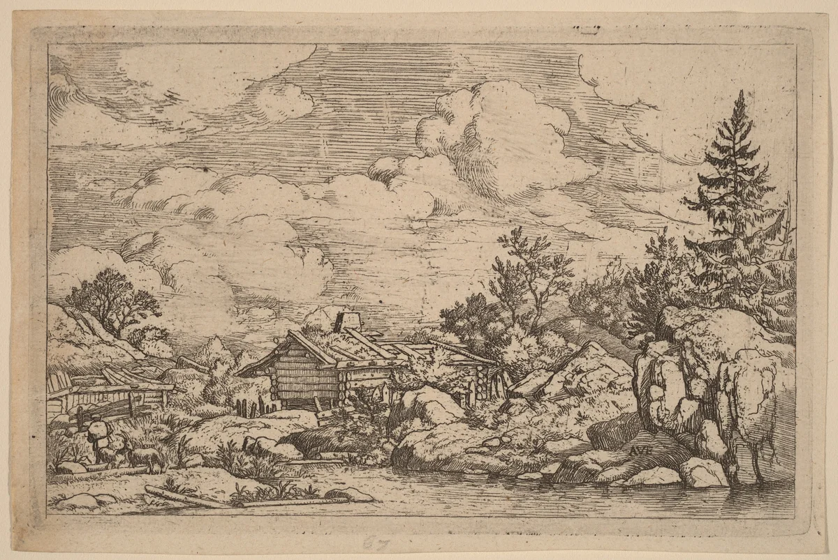 Three Goats at the River by Allart van Everdingen, print, 1645-1656