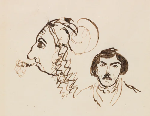 Self-Portrait with Portrait of Delacroix by George Sand, drawing, 1840-1850
