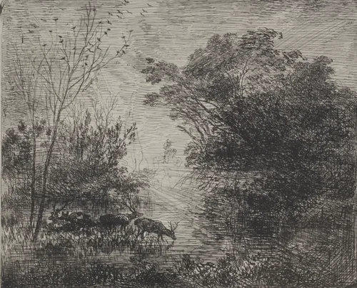 Stags by Charles-François Daubigny, print, 1862