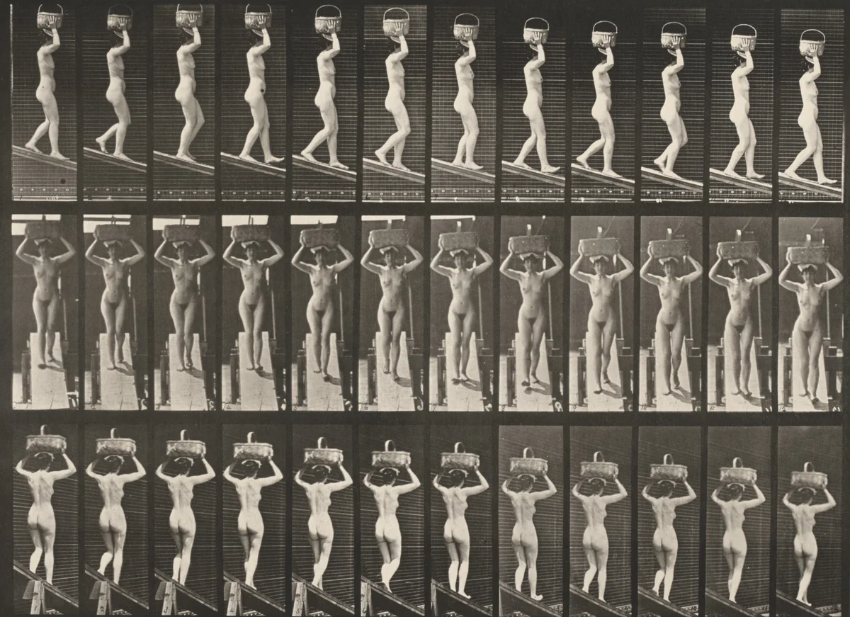 Plate Number 124. Descending an incline with a 20-lb. basket on head, hands raised by Eadweard Muybridge, photograph, 1887