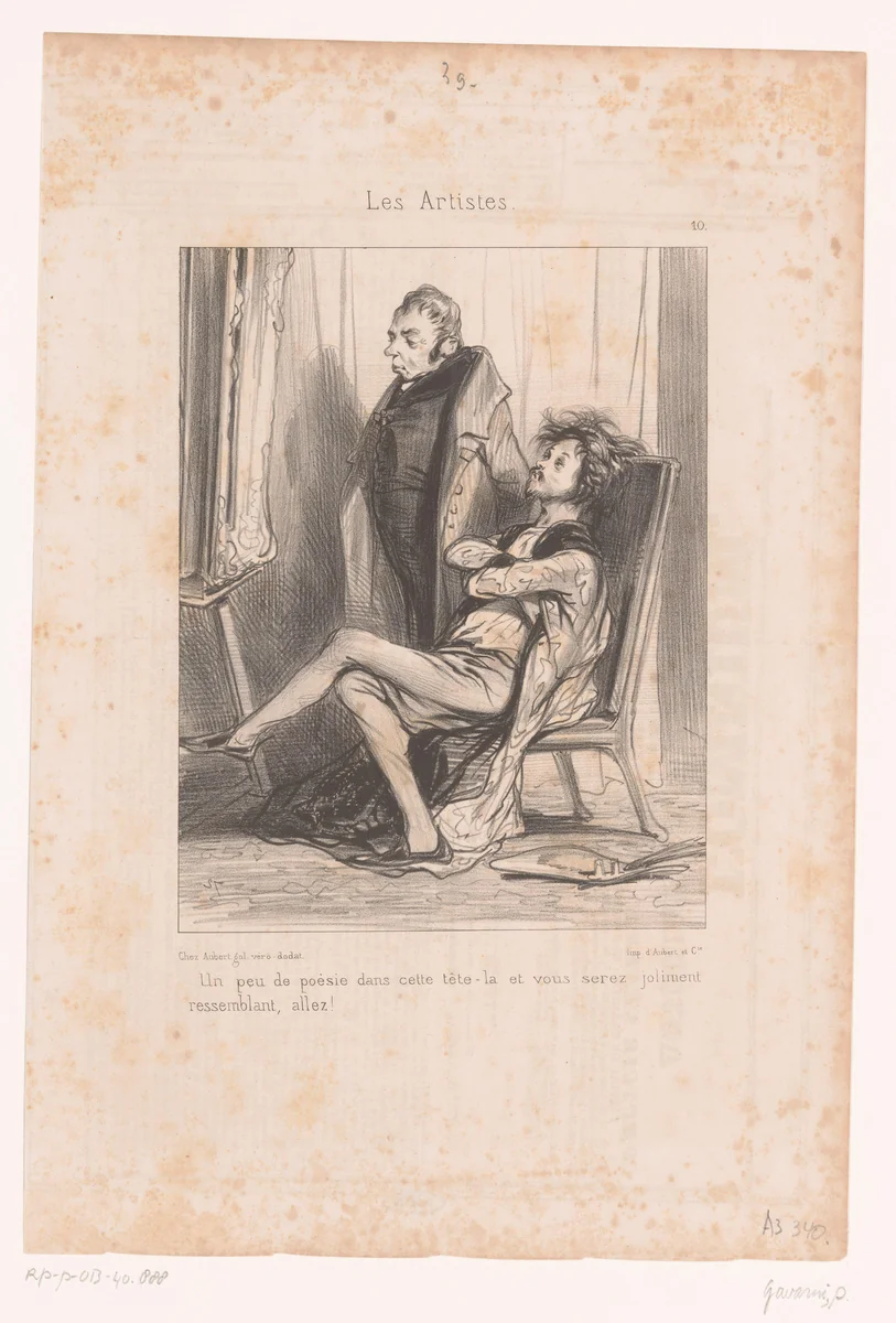 Kunstenaar en model bekijken portret op de ezel by Paul Gavarni, print, 1838