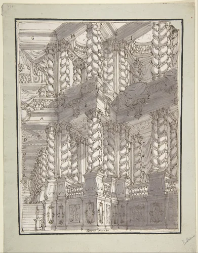 Design for Stage Set with Double Storey of Torqued Columns and Balustrades by Francesco Galli Bibiena, drawing, 1659-1739