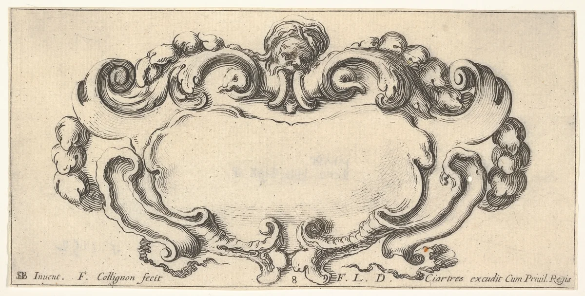 Plate 8: a cartouche with the head of an old man at top center, scrollwork to either side, from "Twelve cartouches" (Recueil de douze cartouches) by François Collignon, print, 1640-1645