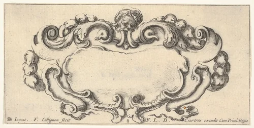 Plate 8: a cartouche with the head of an old man at top center, scrollwork to either side, from "Twelve cartouches" (Recueil de douze cartouches) by François Collignon, print, 1640-1645