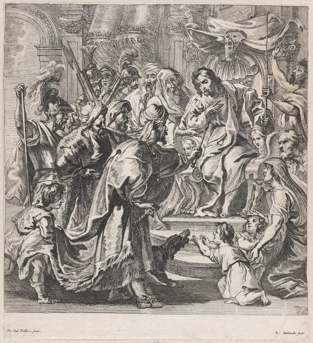 Cambyses punishing the unjust judge Sisamnes by Rombout Eynhoudts, print, 1625-1680