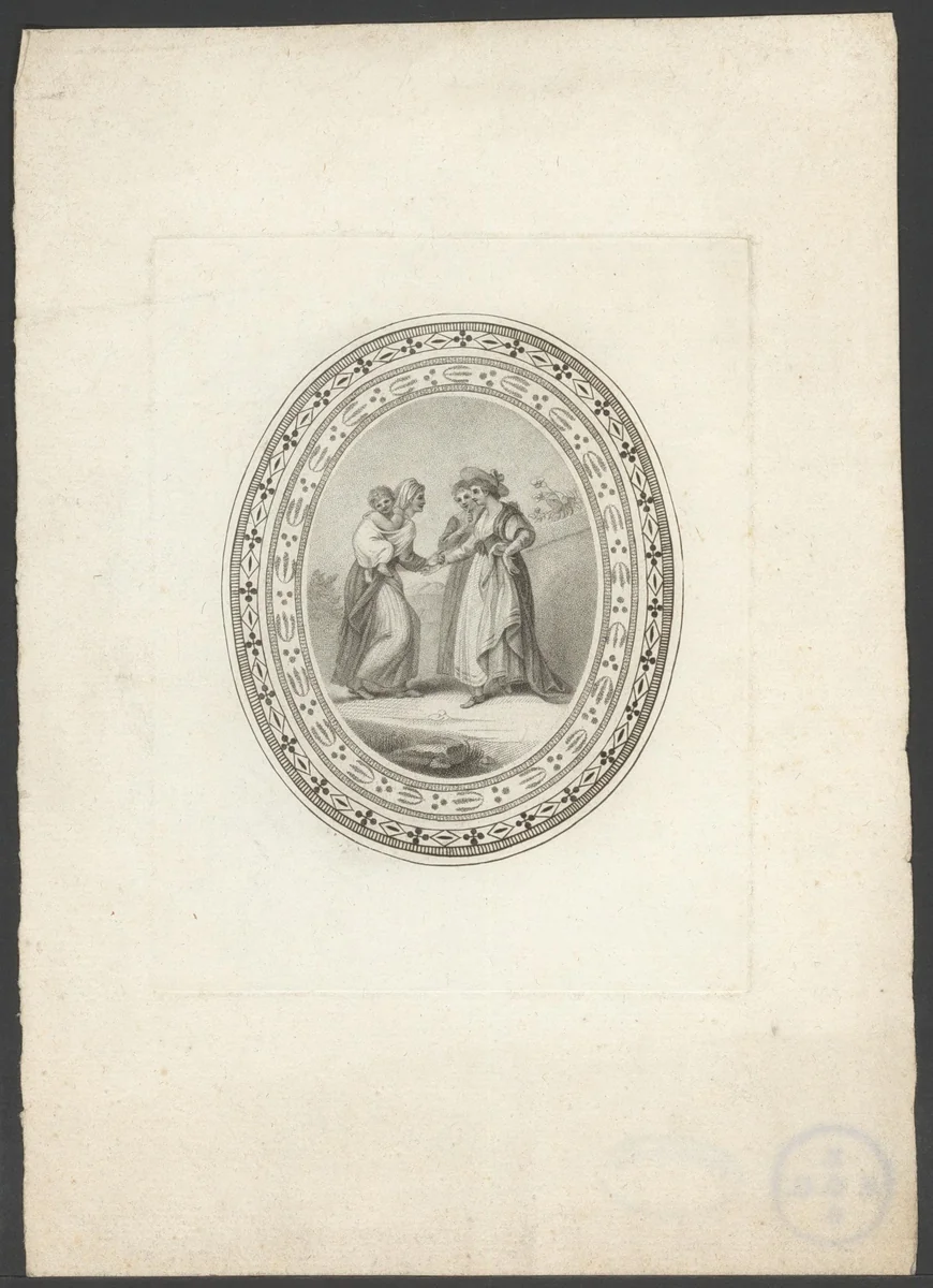 Vrouw met kind op haar rug groet twee andere vrouwen by anonymous, print, 1775-1825
