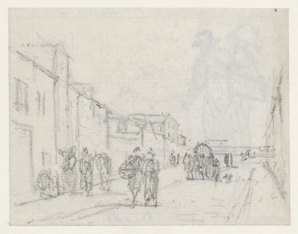 Gezicht in een straat met voetgangers en een wagen by Georges Michel, drawing, 1773-1843