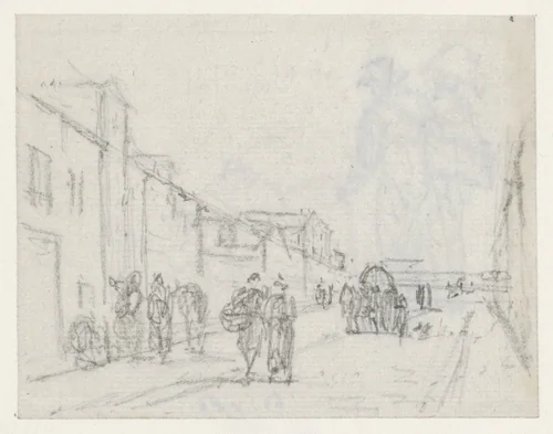 Gezicht in een straat met voetgangers en een wagen by Georges Michel, drawing, 1773-1843