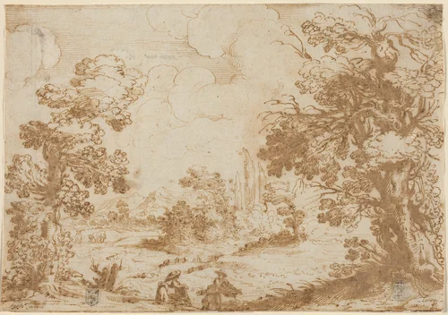 Landscape with Two Washerwomen by Agostino Carracci, drawing, 1580-1590