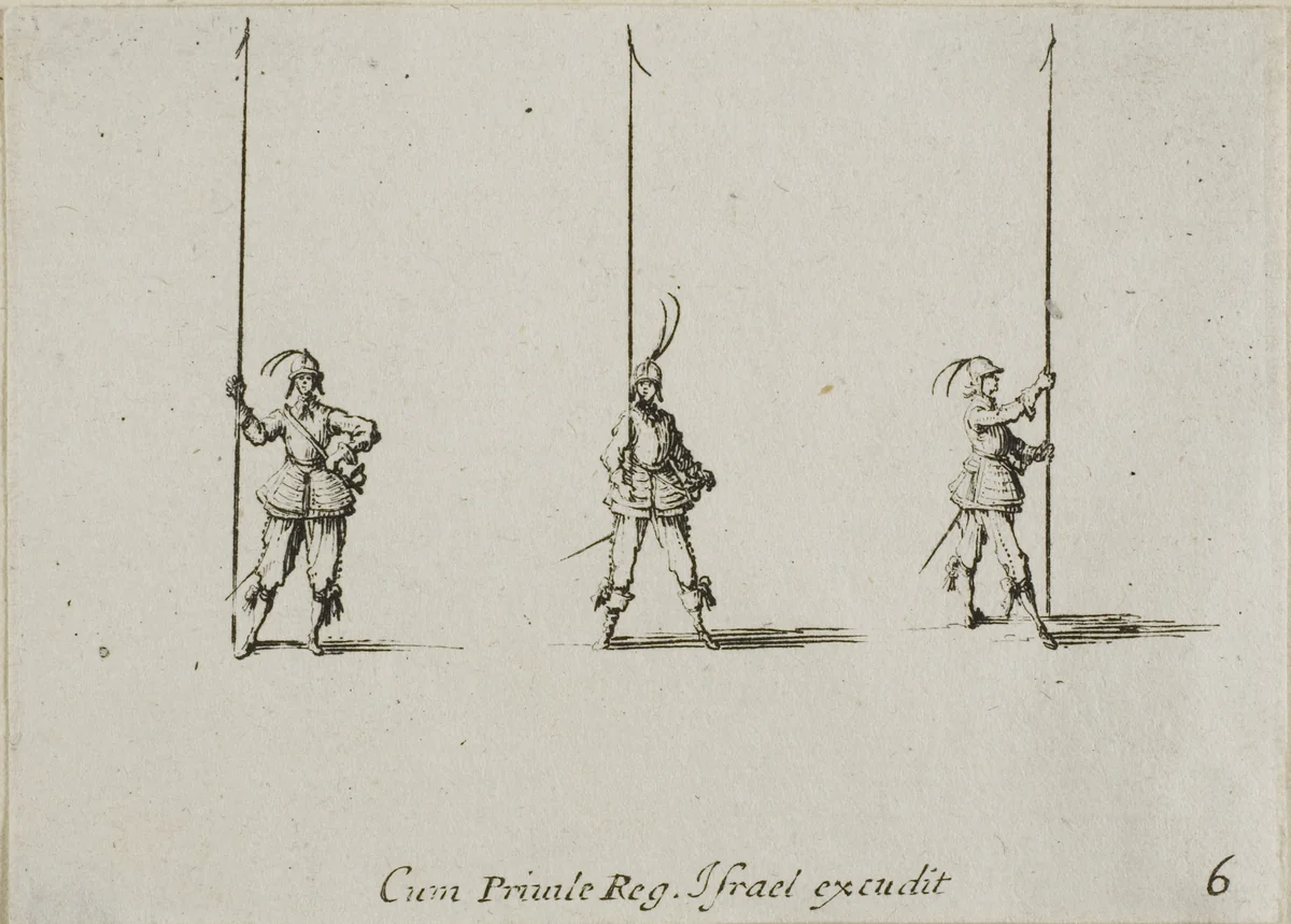 Drill with Raised Pike, plate six from The Military Exercises by Jacques Callot, print, 1635