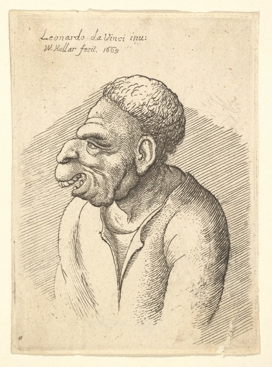 Bust of a man with hooked nose, prominent upper lip, open mouth and thick, short curly hair resembling wig in profile to left by Wenceslaus Hollar, print, 1665