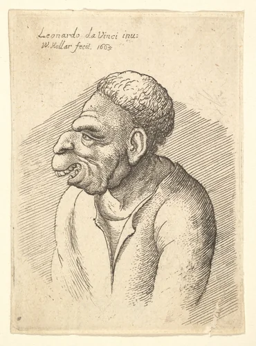 Bust of a man with hooked nose, prominent upper lip, open mouth and thick, short curly hair resembling wig in profile to left by Wenceslaus Hollar, print, 1665