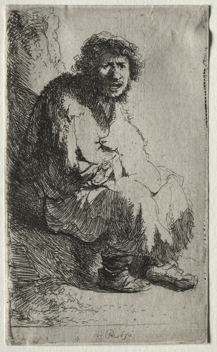 Beggar Seated on a Bank by Rembrandt van Rijn, print, 1630
