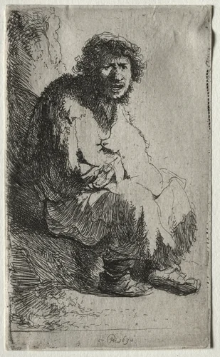 Beggar Seated on a Bank by Rembrandt van Rijn, print, 1630