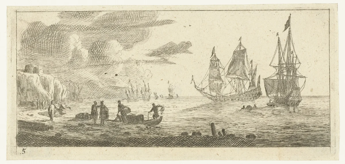 Zeehaven met twee grote zeilschepen by Reinier Nooms, print, 1651-1652