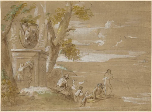 A Landscape with Seated Soldiers and Fishermen by Antonio Visentini, drawing, 1688-1782