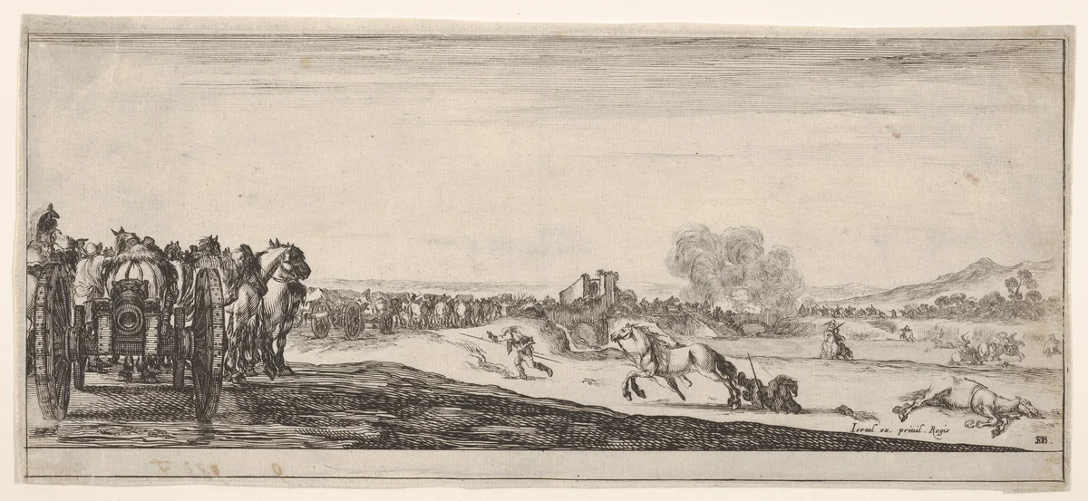 A procession of horse-drawn cannon carriages to left, horsemen in combat and a dead horse to right, battle on a bridge in center background, from "Peace and War" (Divers desseins tant pour la paix que pour la guerre) by Stefano della Bella, print, 1638-1643