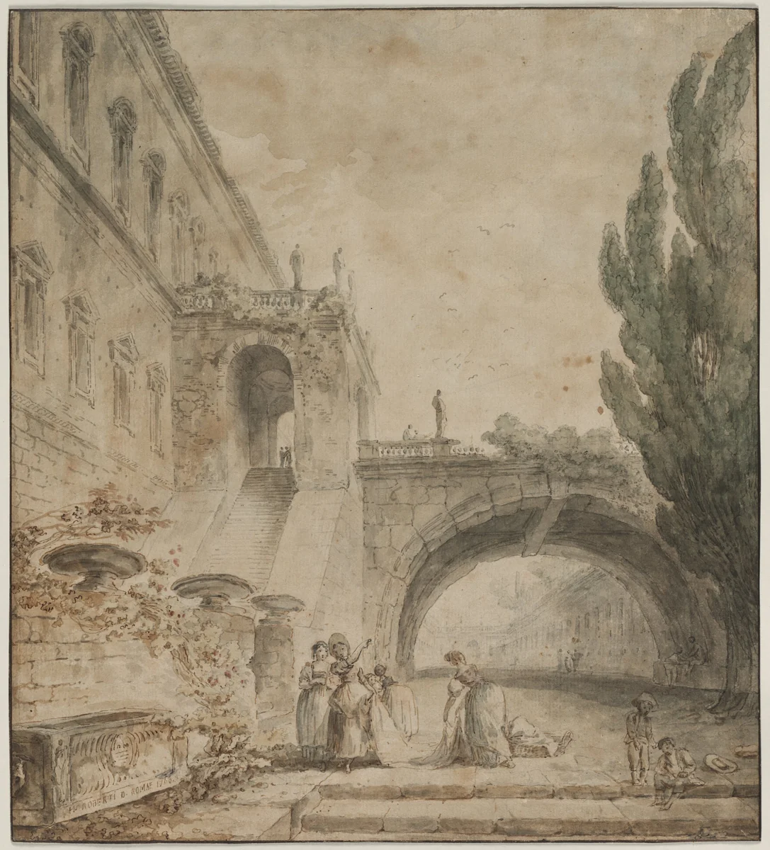 A Palace with an Arched Bridge (A Roman Villa) by Hubert Robert, drawing, 1760