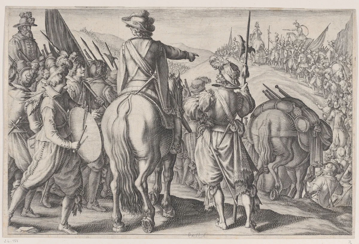 Les Troupes en Marche (The Marching Troops), from "La Vie de Ferdinand Ier de Médicis série appelée aussi Les Batailles des Médicis" (The Life of Ferdinand I de'Medici also called The Medici Battles) by Jacques Callot, print, 1614-1620